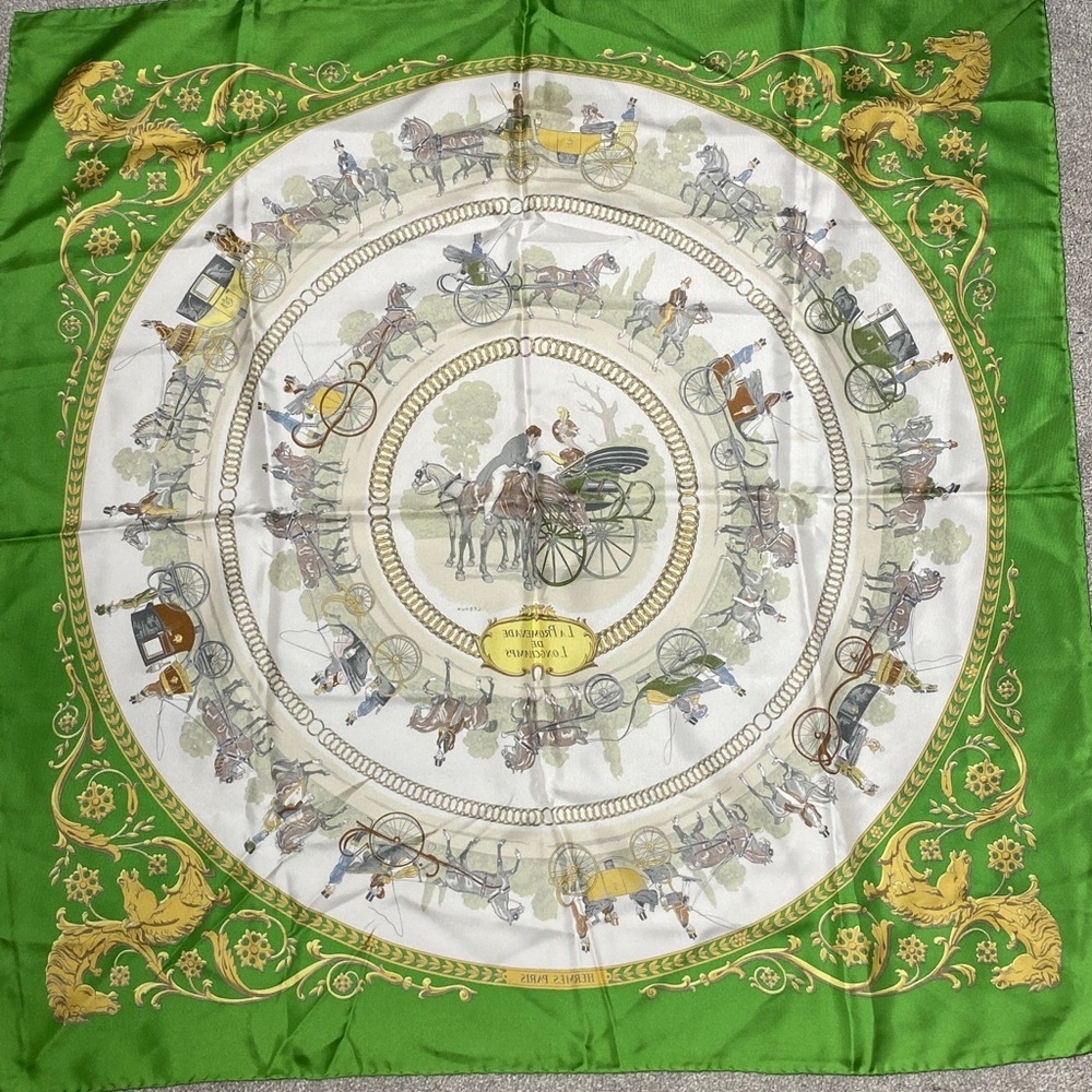 Authentic HERMES "LA PROMENADE DE LONGCHAMPS" Green 100% Silk Scarf - Picture 7 of 13
